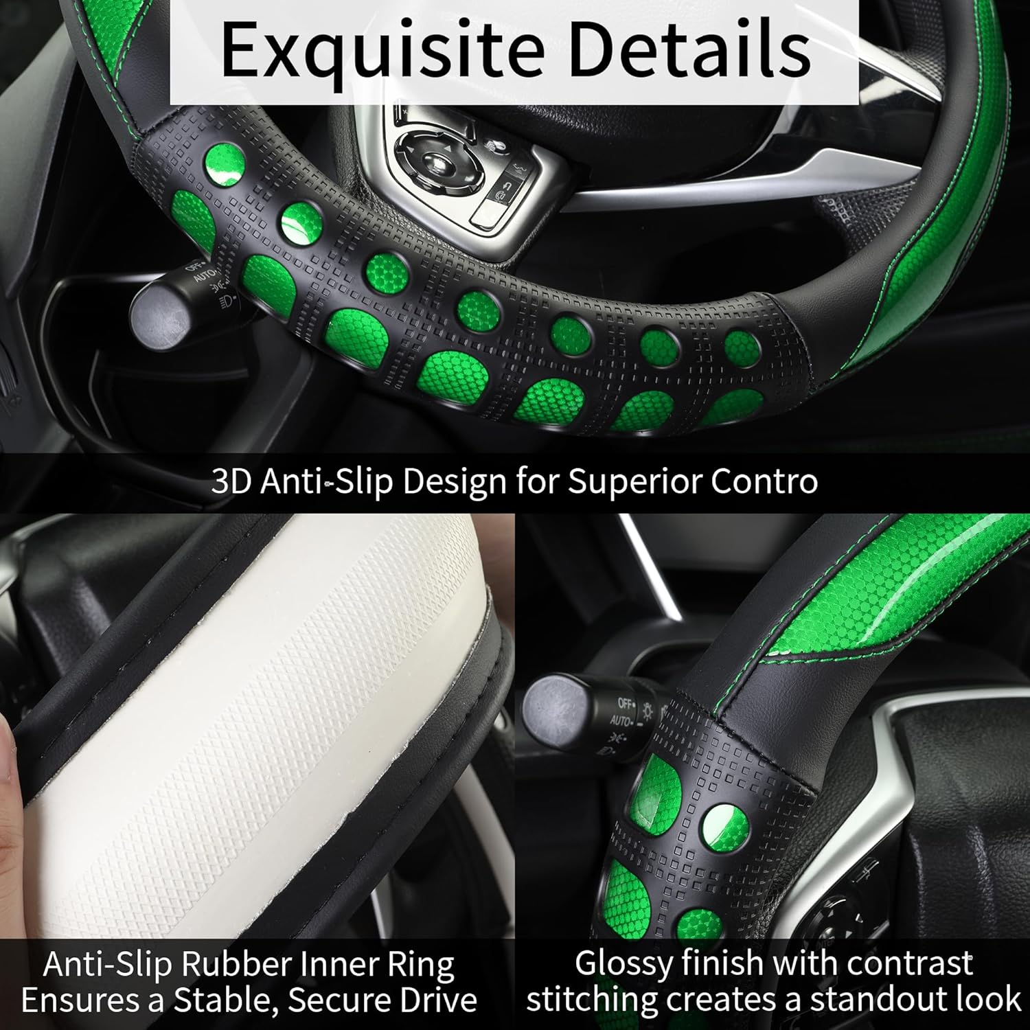 PU Leather Car Steering Wheel Sleeve with Non-Slip Grip, Suitable for Both Men and Women, Universal Fits 14.5-15 Inch Cars, Trucks, SUVs (Green (Round), Medium (Standard) Size [14 1/2-15 Inches]) ) - Image 4