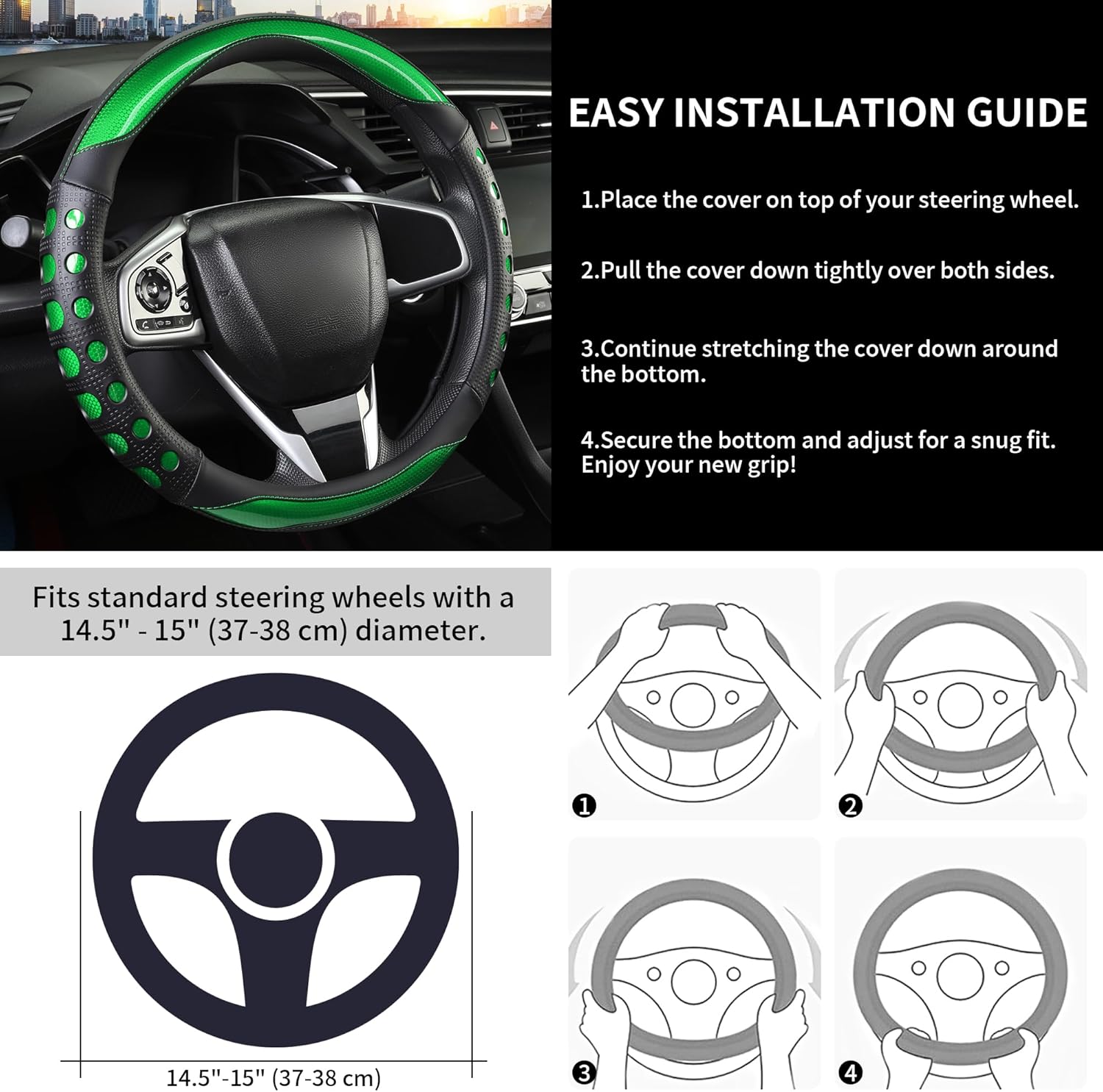 PU Leather Car Steering Wheel Sleeve with Non-Slip Grip, Suitable for Both Men and Women, Universal Fits 14.5-15 Inch Cars, Trucks, SUVs (Green (Round), Medium (Standard) Size [14 1/2-15 Inches]) ) - Image 5