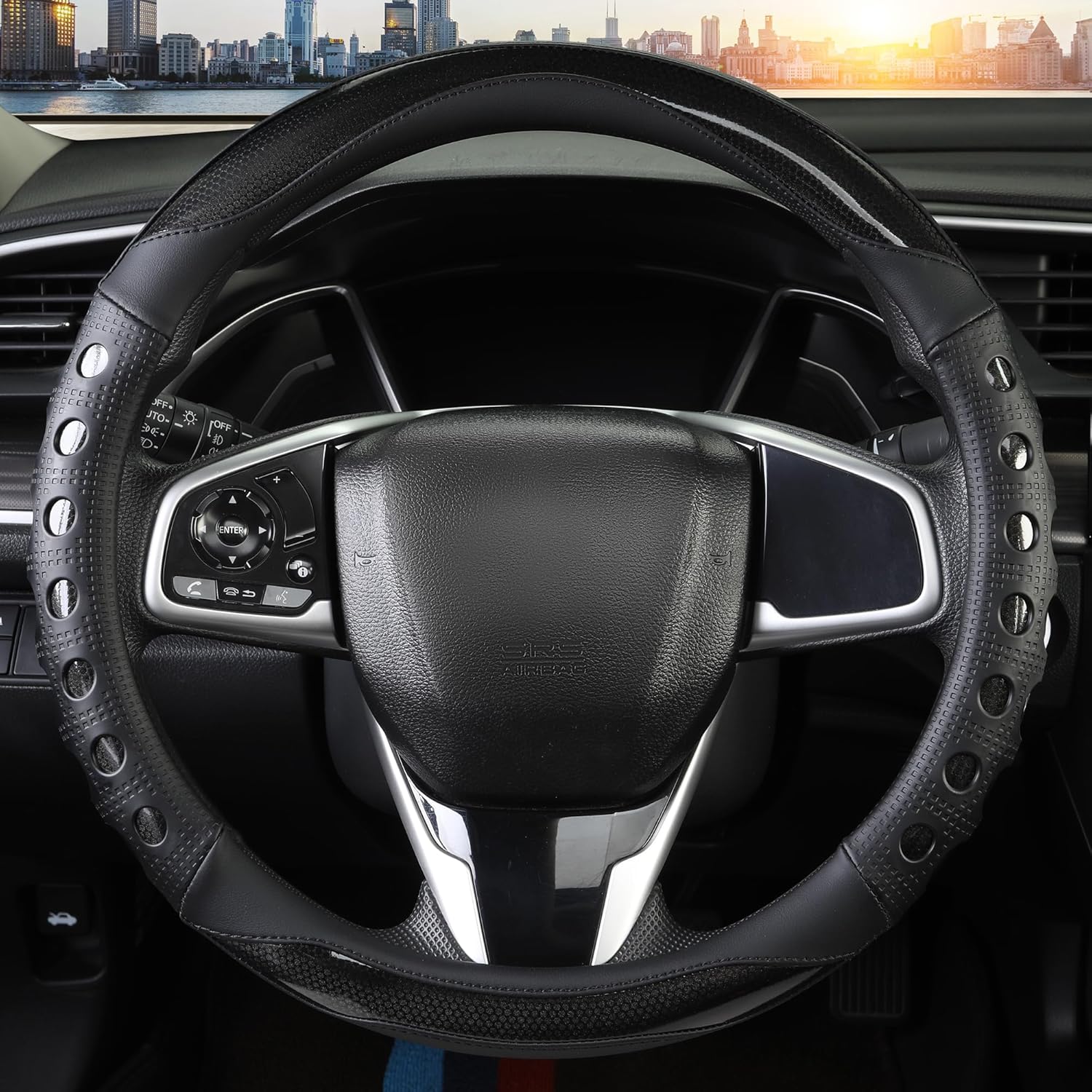 PU Leather Car Steering Wheel Cover with Non-Slip Grip, Suitable for Both Men and Women, Universal Fits 14.5-15 Inch Cars, Trucks, SUVs (Black (Round), Medium (Standard) Size [14 1/2-15 Inches]) ) - Image 2