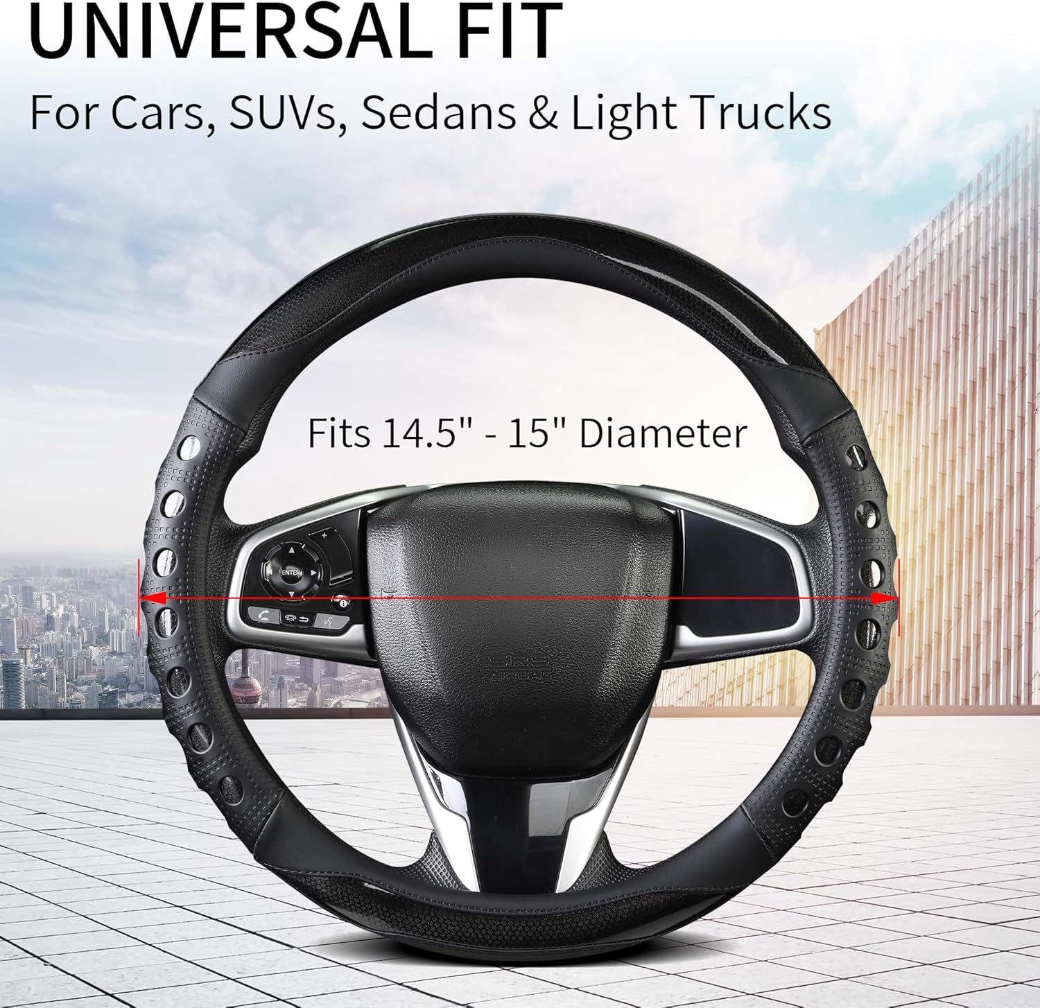 PU Leather Car Steering Wheel Cover with Non-Slip Grip, Suitable for Both Men and Women, Universal Fits 14.5-15 Inch Cars, Trucks, SUVs (Black (Round), Medium (Standard) Size [14 1/2-15 Inches]) ) - Image 3