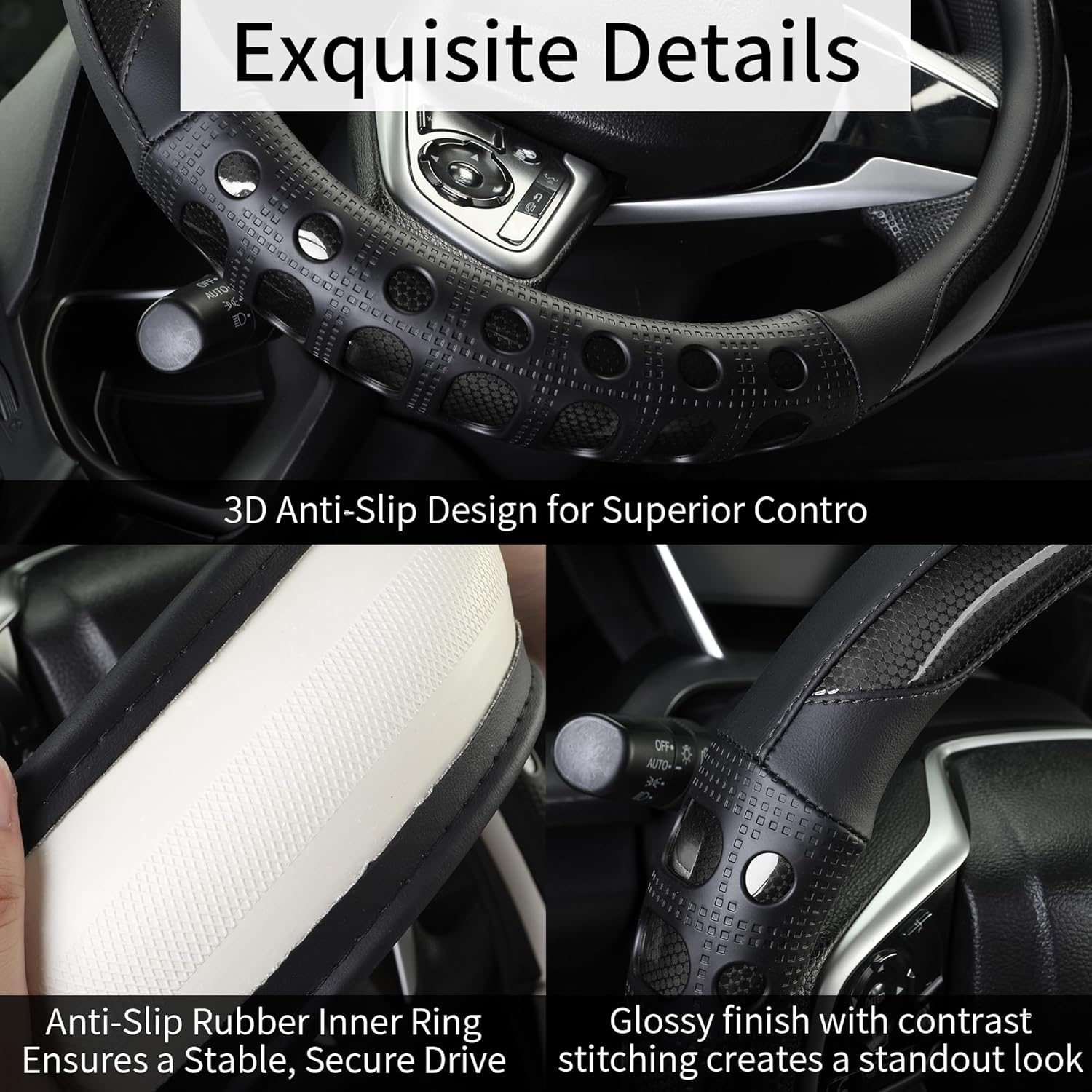PU Leather Car Steering Wheel Cover with Non-Slip Grip, Suitable for Both Men and Women, Universal Fits 14.5-15 Inch Cars, Trucks, SUVs (Black (Round), Medium (Standard) Size [14 1/2-15 Inches]) ) - Image 4