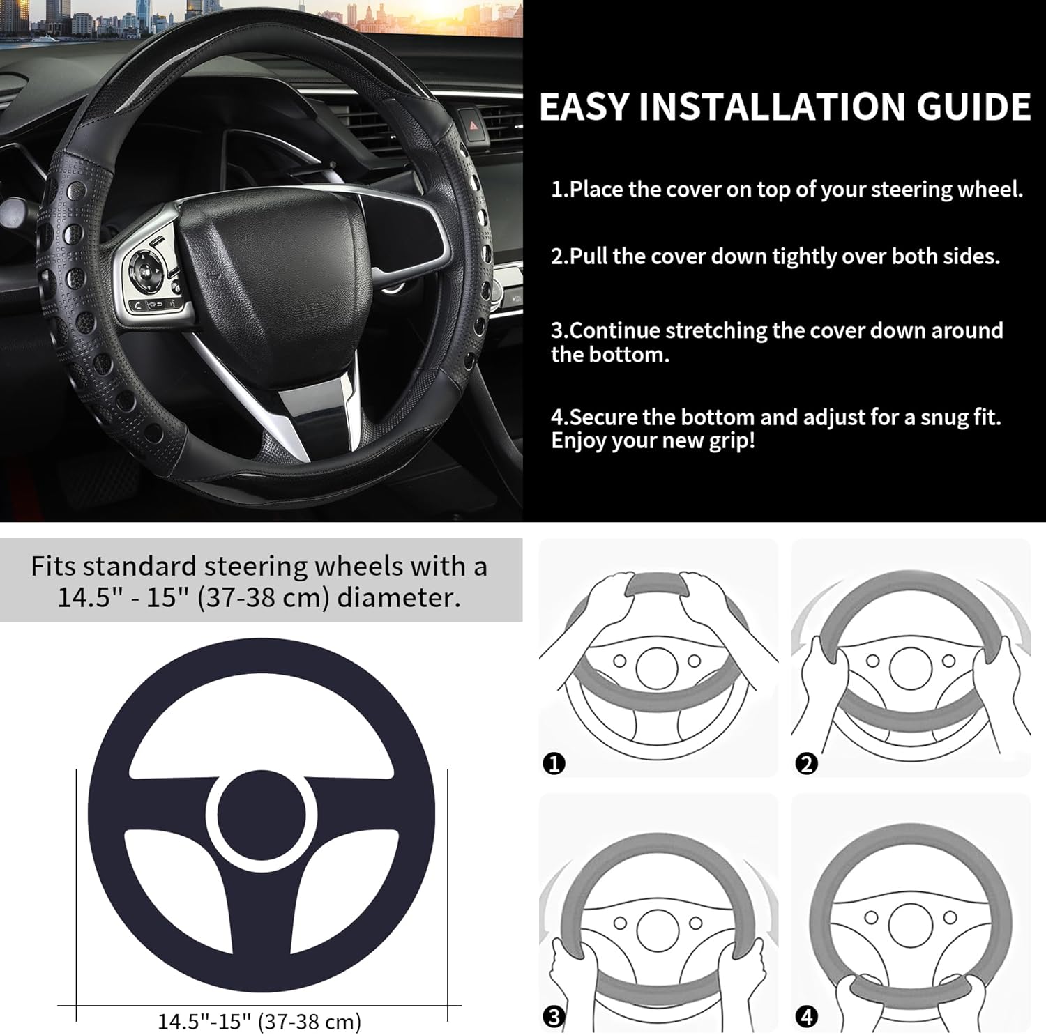 PU Leather Car Steering Wheel Cover with Non-Slip Grip, Suitable for Both Men and Women, Universal Fits 14.5-15 Inch Cars, Trucks, SUVs (Black (Round), Medium (Standard) Size [14 1/2-15 Inches]) ) - Image 5