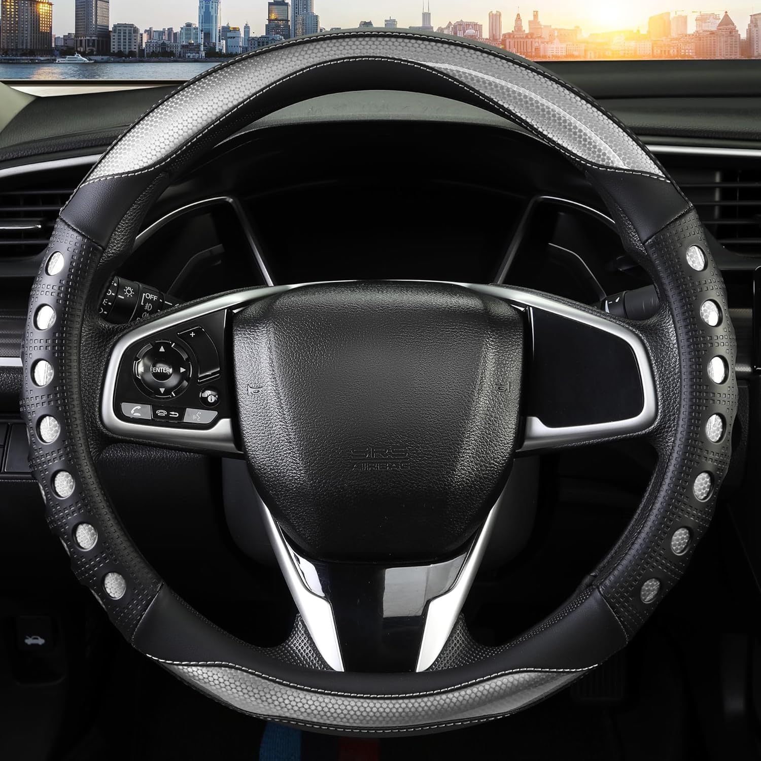 PU Leather Car Steering Wheel Cover with Non-Slip Grip, Suitable for Both Men and Women, Universal Fits 14.5-15 Inch Cars, Trucks, SUVs (Grey (Round), Medium (Standard) Size [14 1/2-15 Inches]) - Image 2