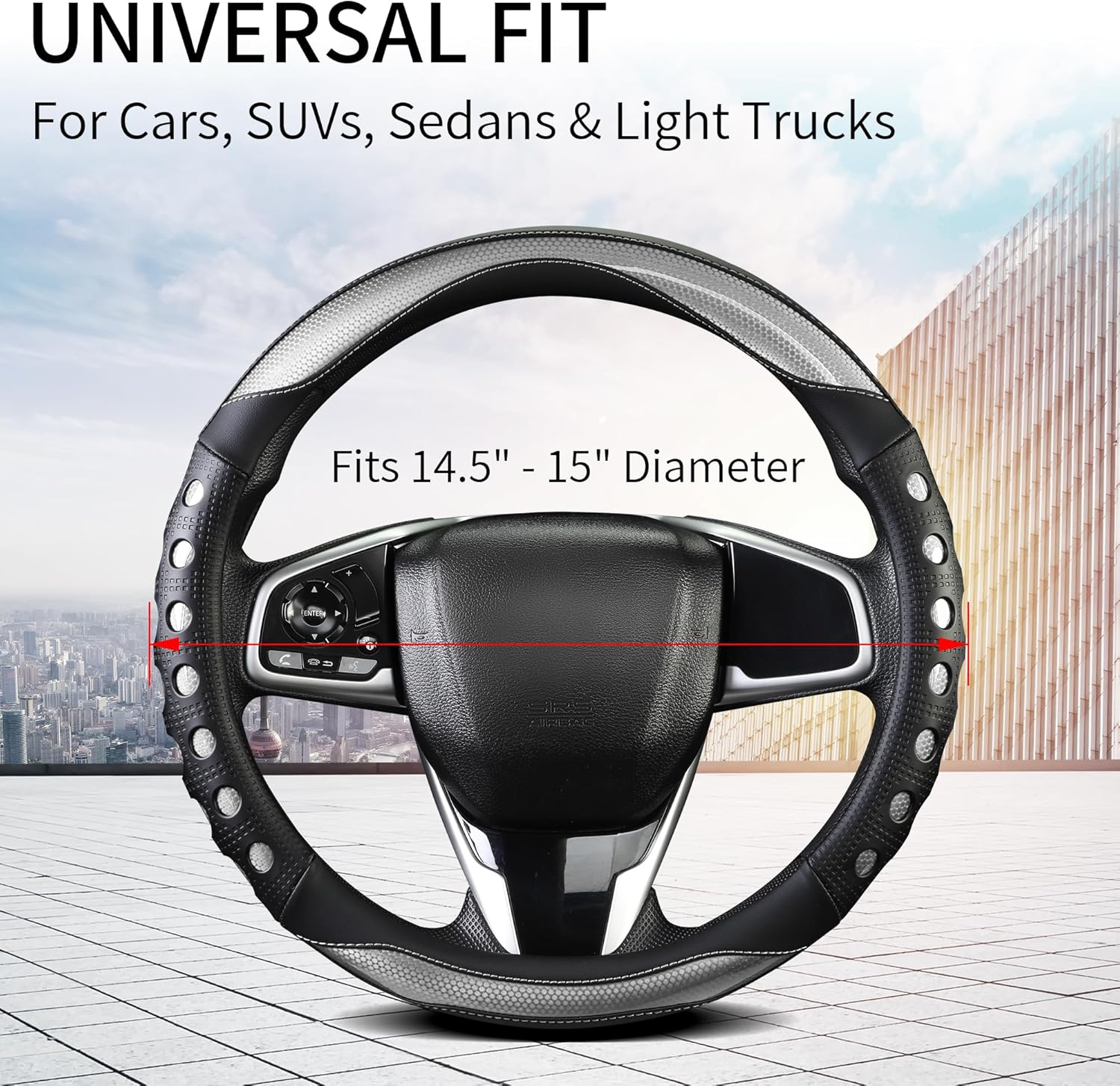 PU Leather Car Steering Wheel Cover with Non-Slip Grip, Suitable for Both Men and Women, Universal Fits 14.5-15 Inch Cars, Trucks, SUVs (Grey (Round), Medium (Standard) Size [14 1/2-15 Inches]) - Image 3