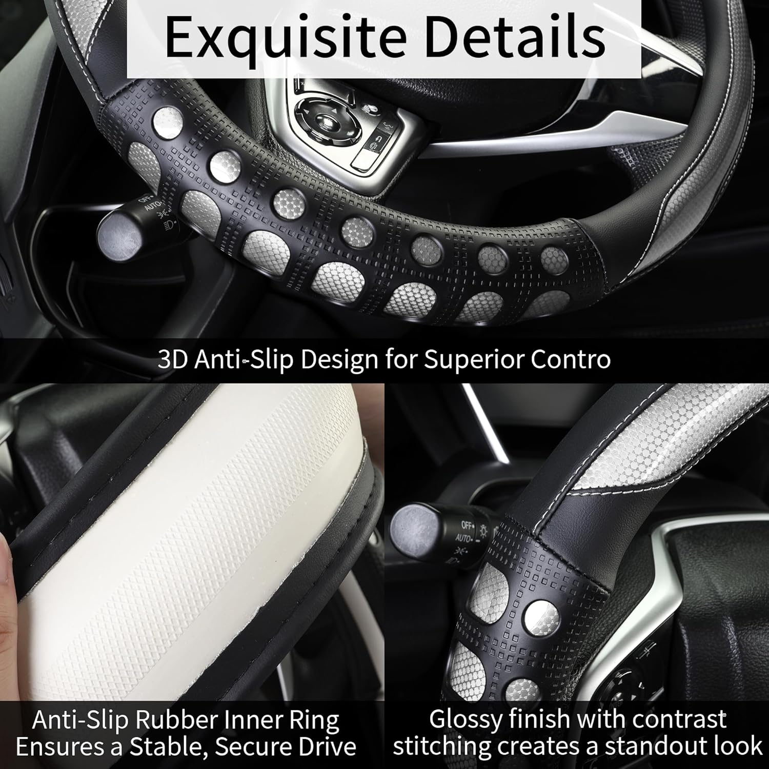 PU Leather Car Steering Wheel Cover with Non-Slip Grip, Suitable for Both Men and Women, Universal Fits 14.5-15 Inch Cars, Trucks, SUVs (Grey (Round), Medium (Standard) Size [14 1/2-15 Inches]) - Image 4