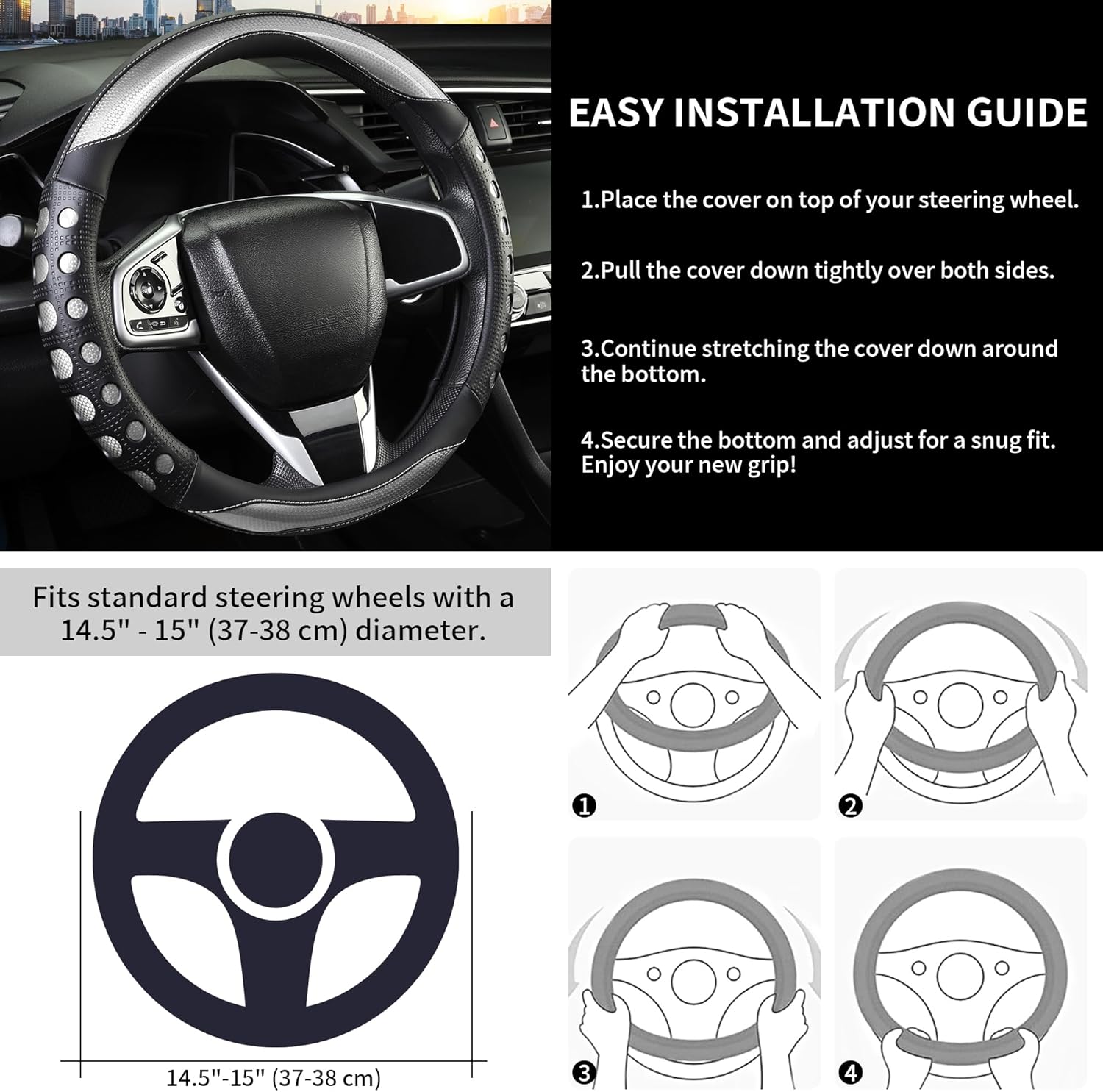 PU Leather Car Steering Wheel Cover with Non-Slip Grip, Suitable for Both Men and Women, Universal Fits 14.5-15 Inch Cars, Trucks, SUVs (Grey (Round), Medium (Standard) Size [14 1/2-15 Inches]) - Image 5