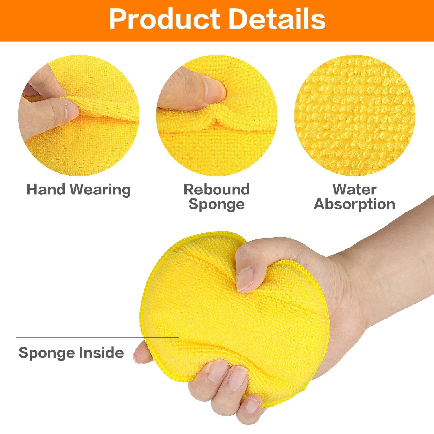 Microfiber Wax Applicator Pads, Car Wax Applicator with Finger Pocket, Buffing & Detail Polishing Foam Pads for Car Cleaning and Fine Polishing (5 inch, 6 Pack) (Yellow) - Image 5