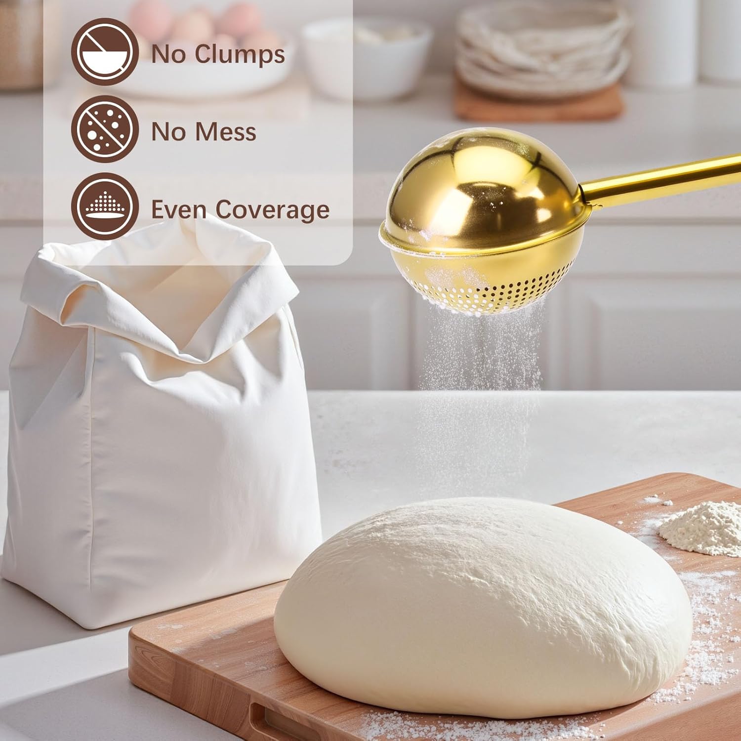 Flour Duster, One-Hand Operation, 304 Stainless Steel Powdered Sugar Bowl Duster, Dusting Flour Sieve, Gift Wrapping, Gold - Image 2