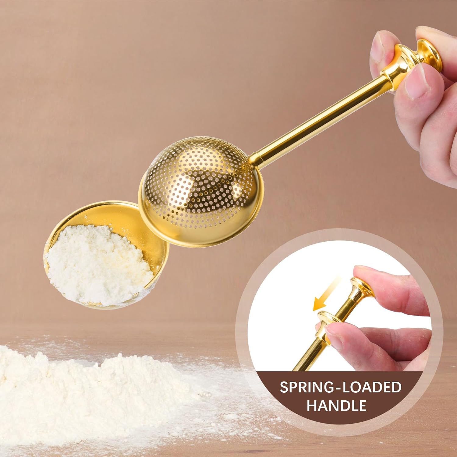 Flour Duster, One-Hand Operation, 304 Stainless Steel Powdered Sugar Bowl Duster, Dusting Flour Sieve, Gift Wrapping, Gold - Image 3