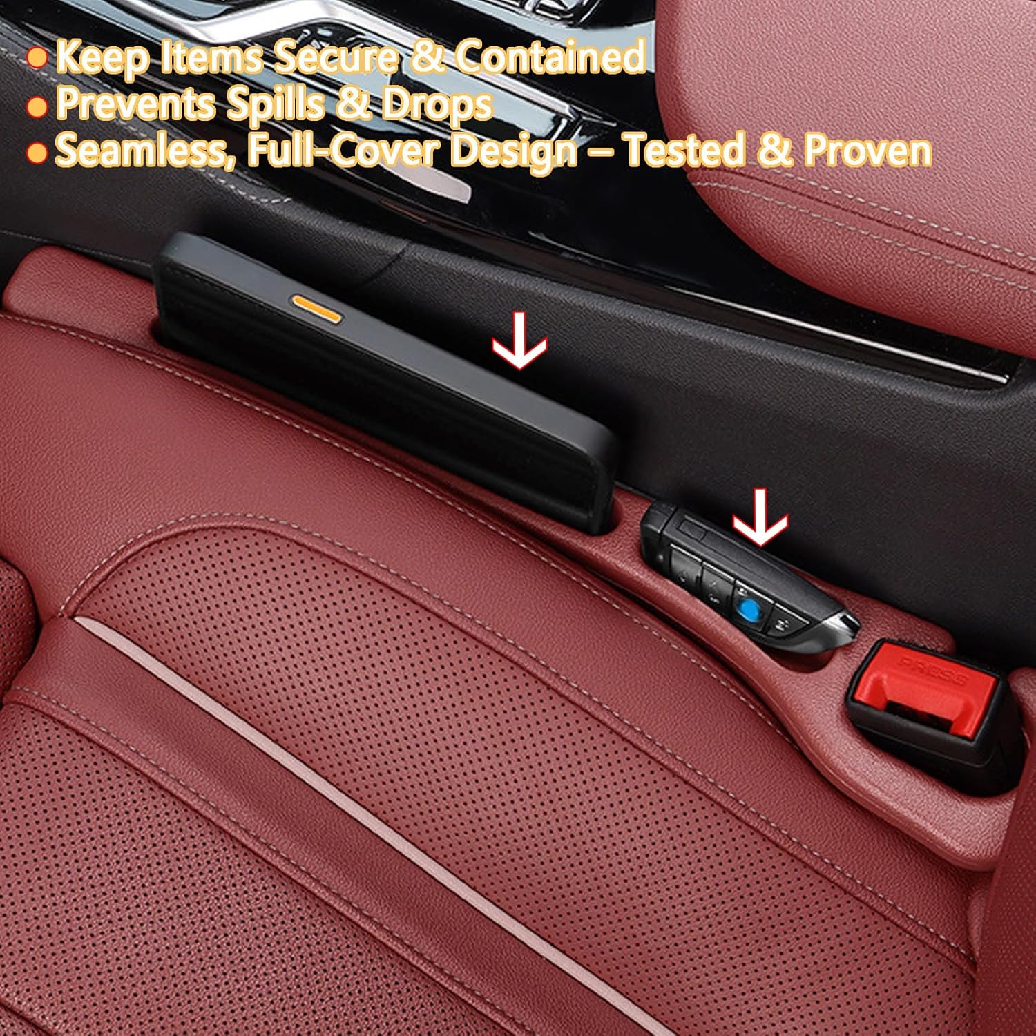 Car Seat Crevice Fill Organizer 2 pcs - No Drop Seat Guard, Universal Car Seat Crevice Filler, Durable Non-Slip Material, Easy 10 Second Installation for Cars, Trucks & SUVs (Red) - Image 3
