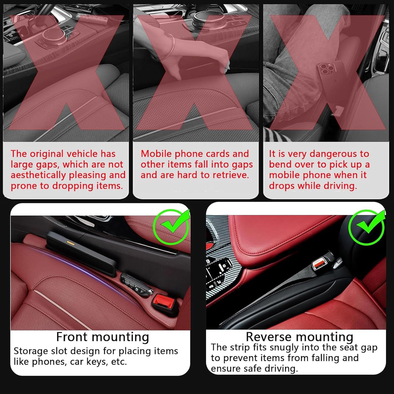 Car Seat Crevice Fill Organizer 2 pcs - No Drop Seat Guard, Universal Car Seat Crevice Filler, Durable Non-Slip Material, Easy 10 Second Installation for Cars, Trucks & SUVs (Red) - Image 4