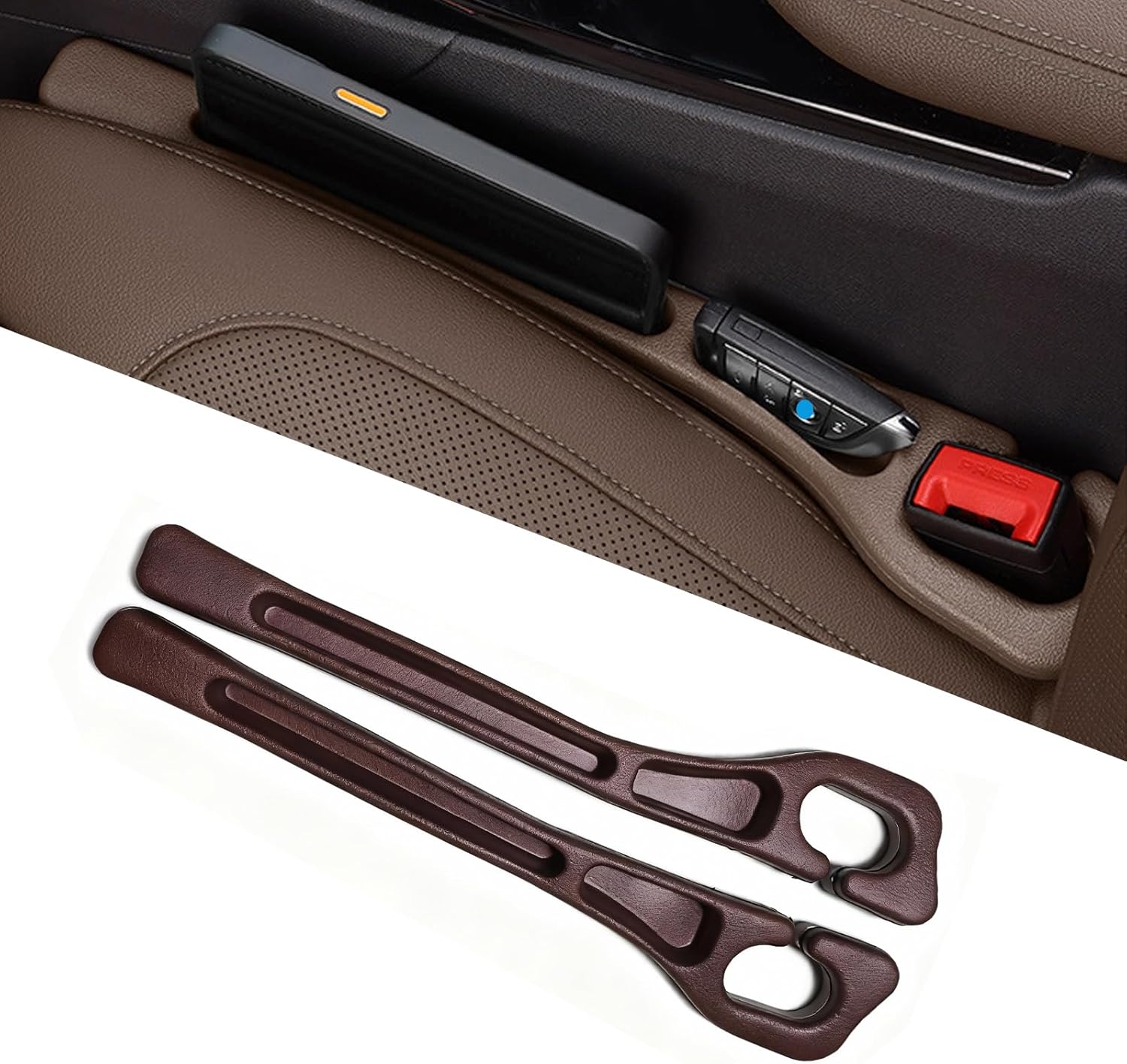 Car Seat Gap Fill Organizer 2 Pcs - No Drop Seat Guard, General Automotive Seat Crevice Filler, Durable Non-Slip Material, Easy Installation in 10 Seconds, for Cars, Trucks & Off-Road Vehicles (Brown) - Image 1