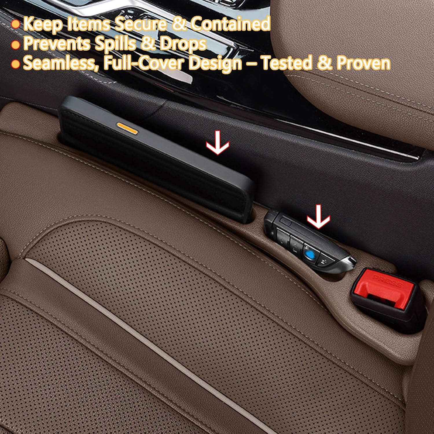 Car Seat Gap Fill Organizer 2 Pcs - No Drop Seat Guard, General Automotive Seat Crevice Filler, Durable Non-Slip Material, Easy Installation in 10 Seconds, for Cars, Trucks & Off-Road Vehicles (Brown) - Image 3