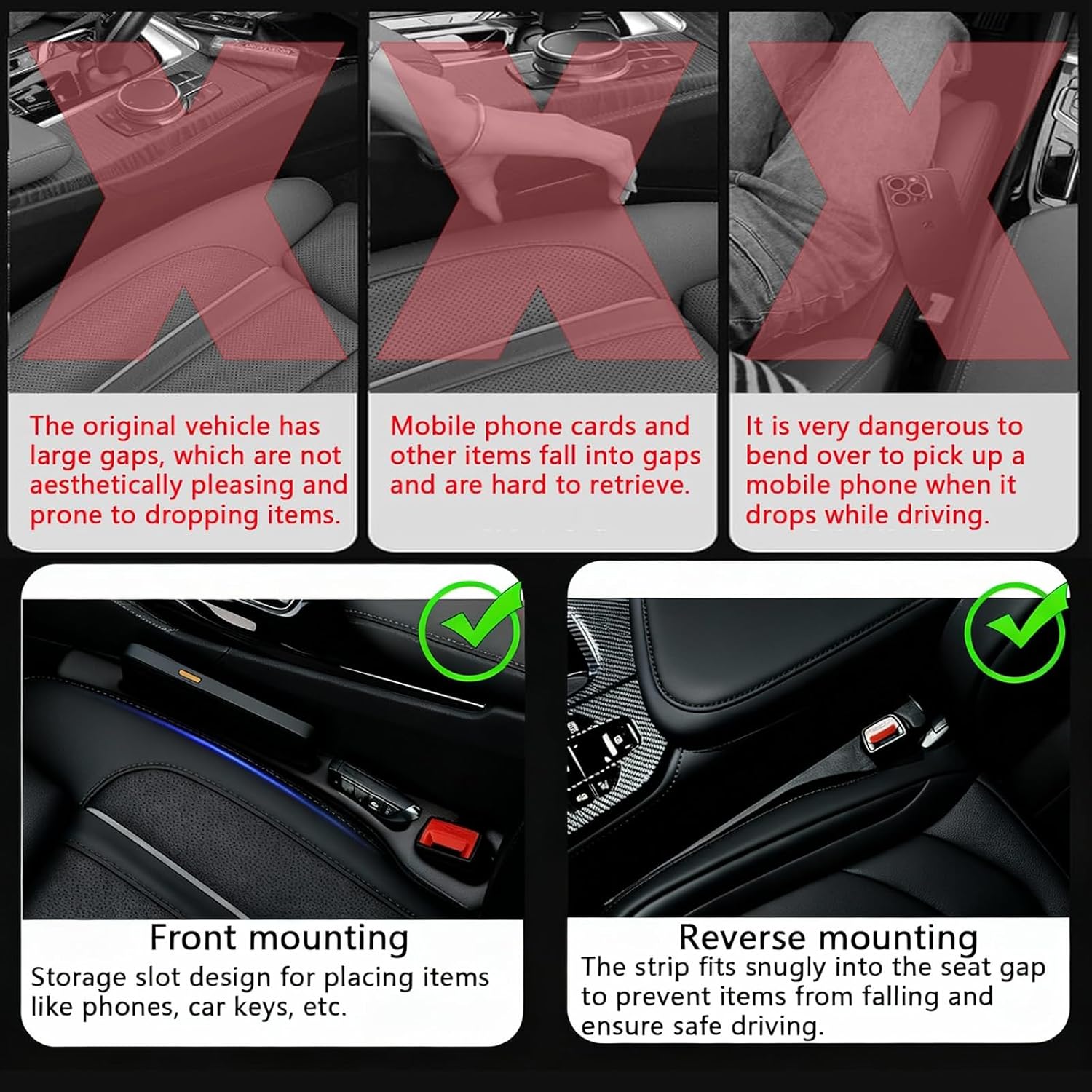 Car Seat Crevice Fill Organizer 2 pcs - No Drop Seat Guard, General Automotive Seat Crevice Filler, Durable Non-Slip Material, Easy Installation in 10 Seconds, for Cars, Trucks & SUVs (Black) - Image 5