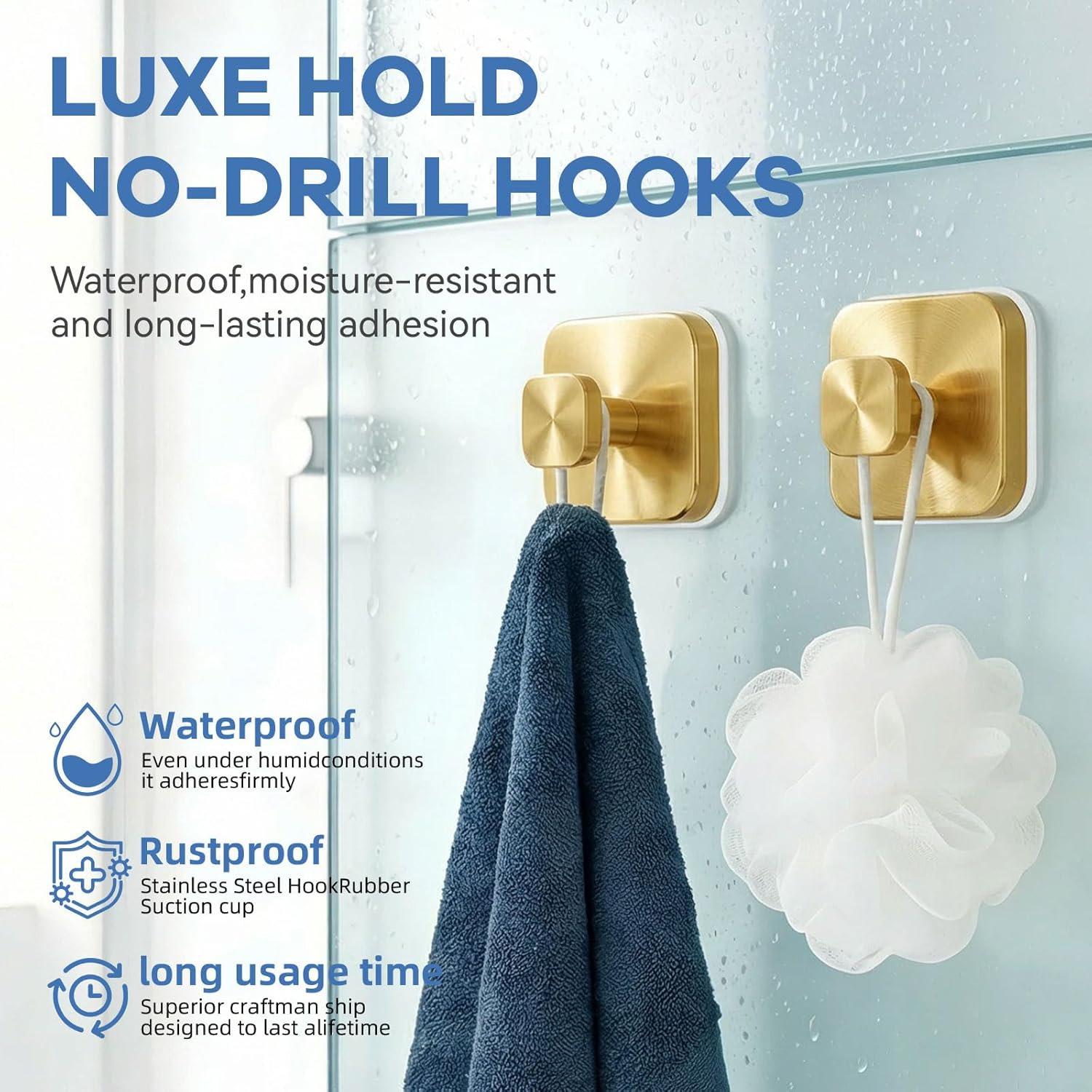 Suction Cup Hooks for Inside Shower,Heavy Duty Reusable No-Drill Hooks for Bathroom Wall,Glass,Windows,Tile-for Hanging Towels,Robes,Loofah - Wreath Hangers for Front Door,4packs (Gold) - Image 4