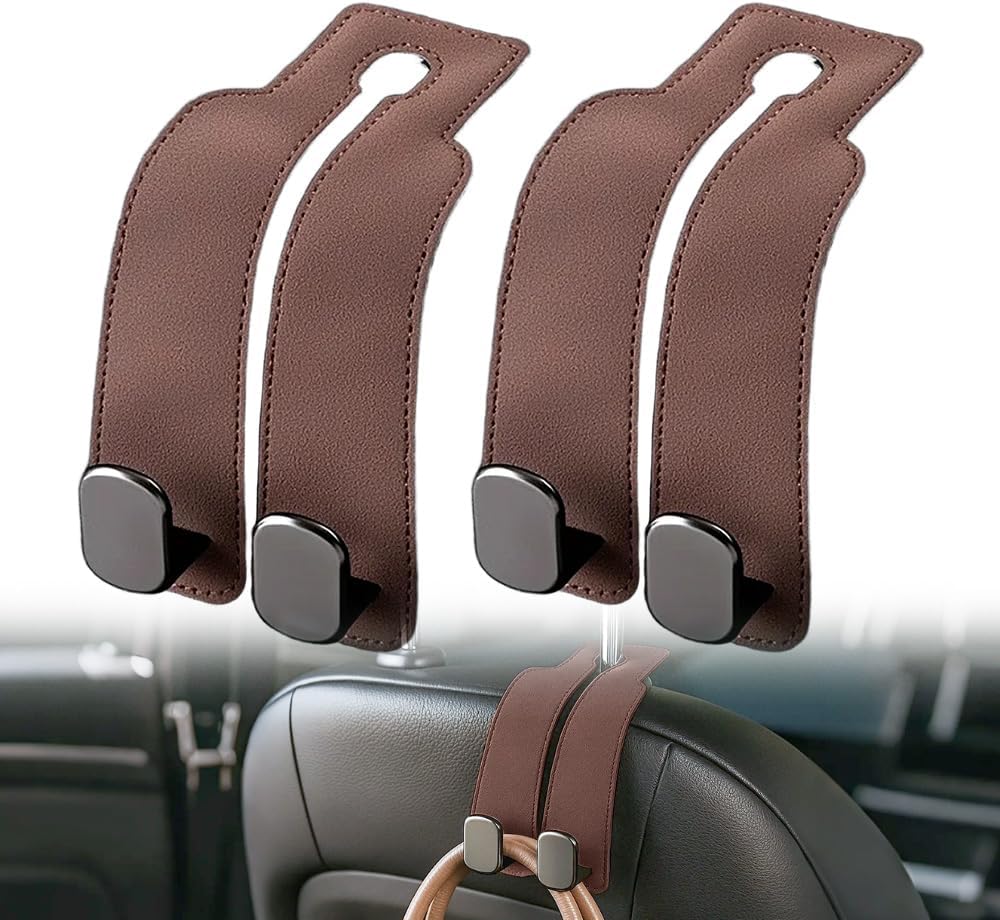 Headrest Hook for Car Car Seat Headrest, 2026 Wallet & Bag Hook Cute Car Wallet Holder, Double Hook Leather Car Headrest Hook Seat Back Storage Bag for Travel (Brown -2) - Image 1