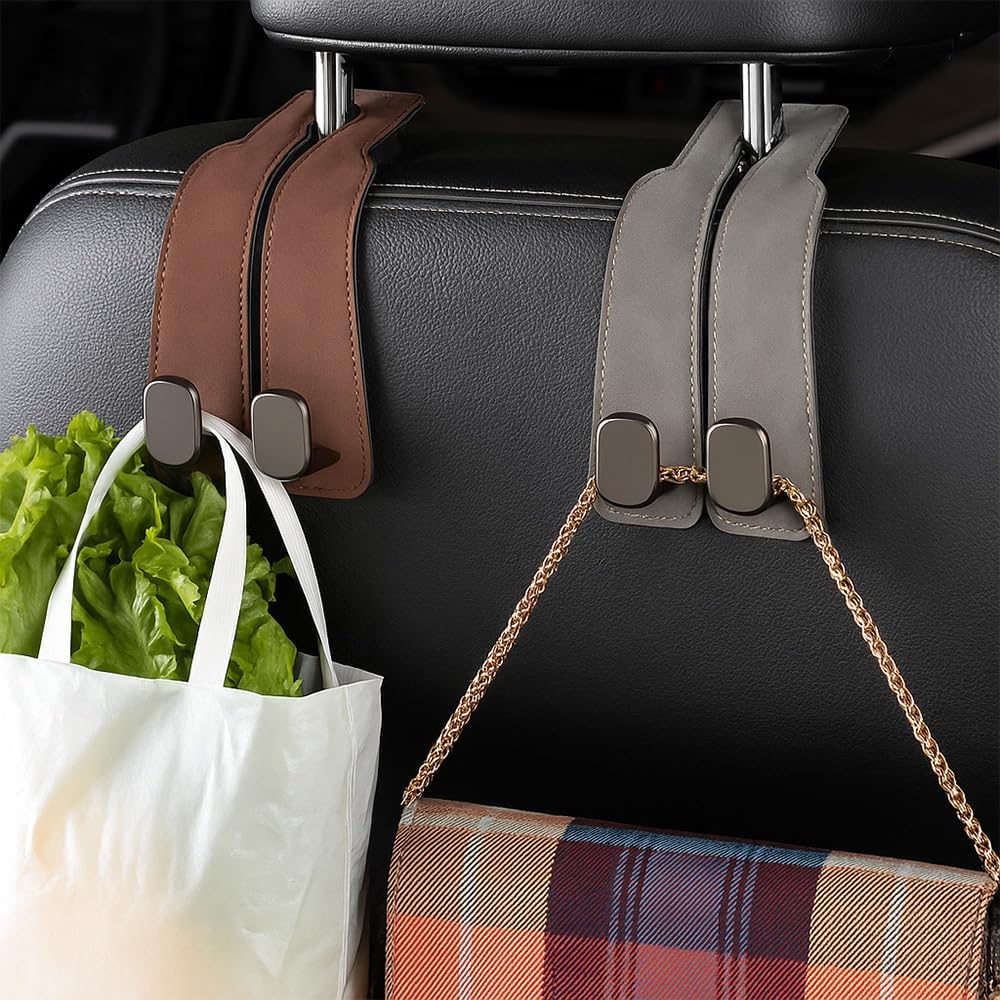 Headrest Hook for Car Car Seat Headrest, 2026 Wallet & Bag Hook Cute Car Wallet Holder, Double Hook Leather Car Headrest Hook Seat Back Storage Bag for Travel (Brown -2) - Image 2