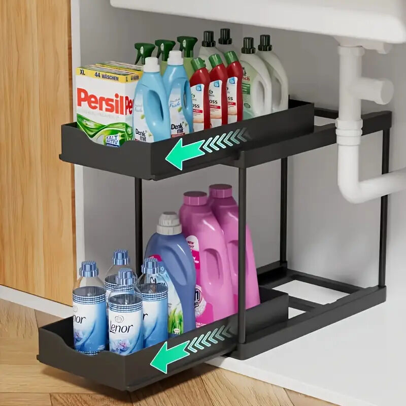 Two-tier pull-out storage rack. An organizational lifesaver for under the kitchen sink. Features adjustable shelves for easy storage of bottles and jars. In a sleek, modern design. Perfect as a kitchen shelf, bathroom organizer, or household storage solut - Image 6