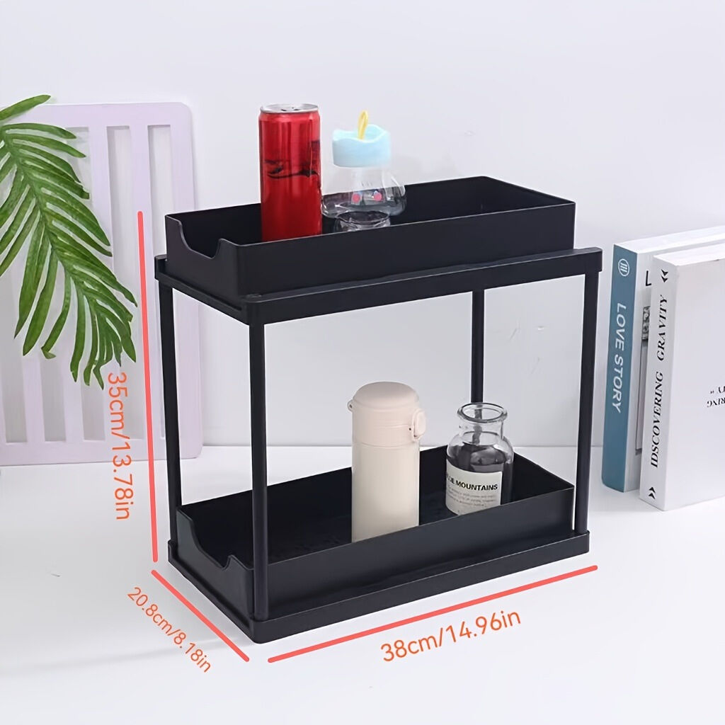 Two-tier pull-out storage rack. An organizational lifesaver for under the kitchen sink. Features adjustable shelves for easy storage of bottles and jars. In a sleek, modern design. Perfect as a kitchen shelf, bathroom organizer, or household storage solut - Image 8