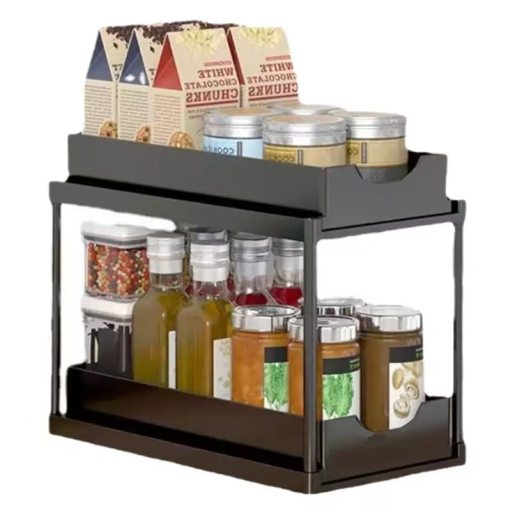 Two-tier pull-out storage rack. An organizational lifesaver for under the kitchen sink. Features adjustable shelves for easy storage of bottles and jars. In a sleek, modern design. Perfect as a kitchen shelf, bathroom organizer, or household storage solut - Image 1