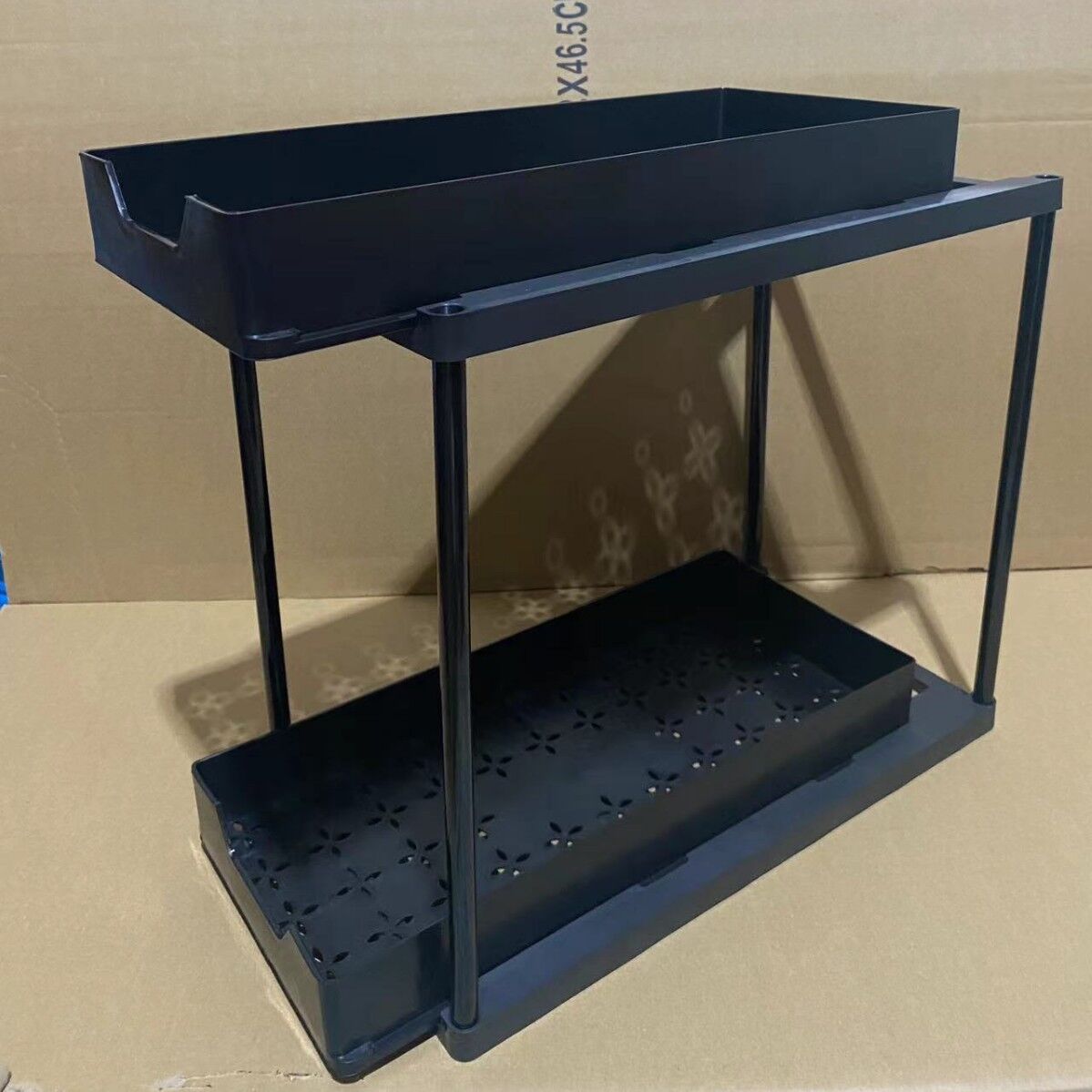 Two-tier pull-out storage rack. An organizational lifesaver for under the kitchen sink. Features adjustable shelves for easy storage of bottles and jars. In a sleek, modern design. Perfect as a kitchen shelf, bathroom organizer, or household storage solut - Image 4