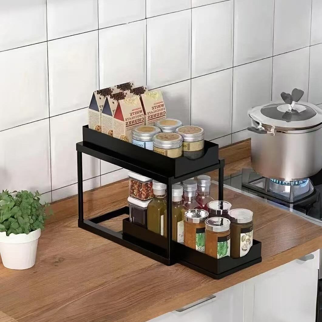 Two-tier pull-out storage rack. An organizational lifesaver for under the kitchen sink. Features adjustable shelves for easy storage of bottles and jars. In a sleek, modern design. Perfect as a kitchen shelf, bathroom organizer, or household storage solut - Image 5
