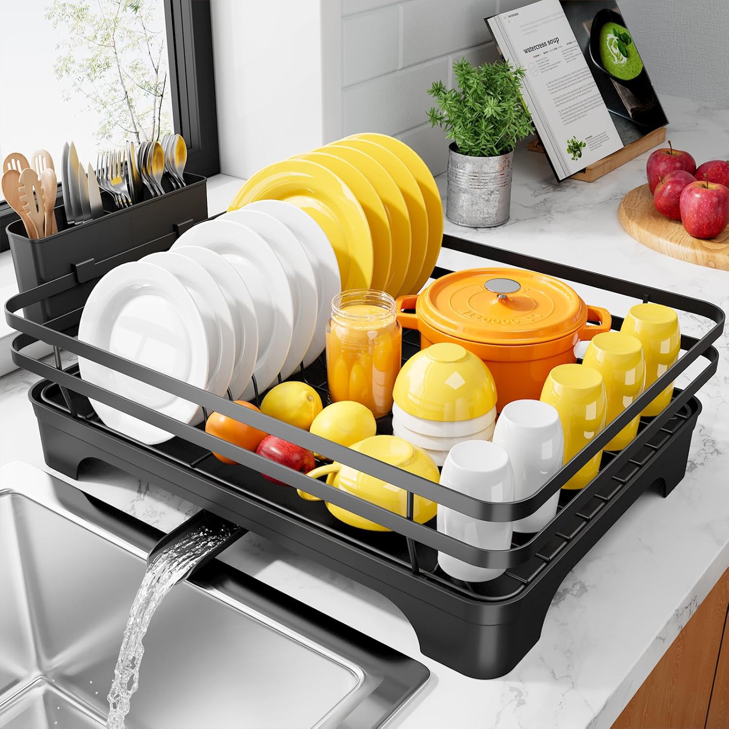 Dish Drying Rack - Multi-Functional Dish Rack for Kitchen Counter with Cutlery Holder, Rust-Proof Storage Solution with Rotatable,  Black - Image 1