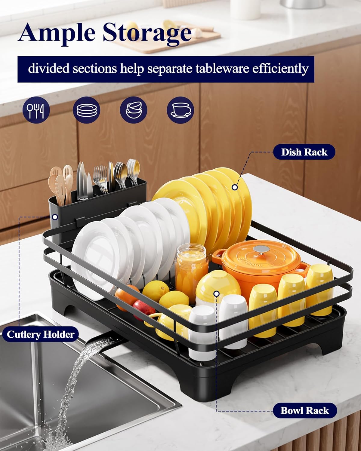 Dish Drying Rack - Multi-Functional Dish Rack for Kitchen Counter with Cutlery Holder, Rust-Proof Storage Solution with Rotatable,  Black - Image 2