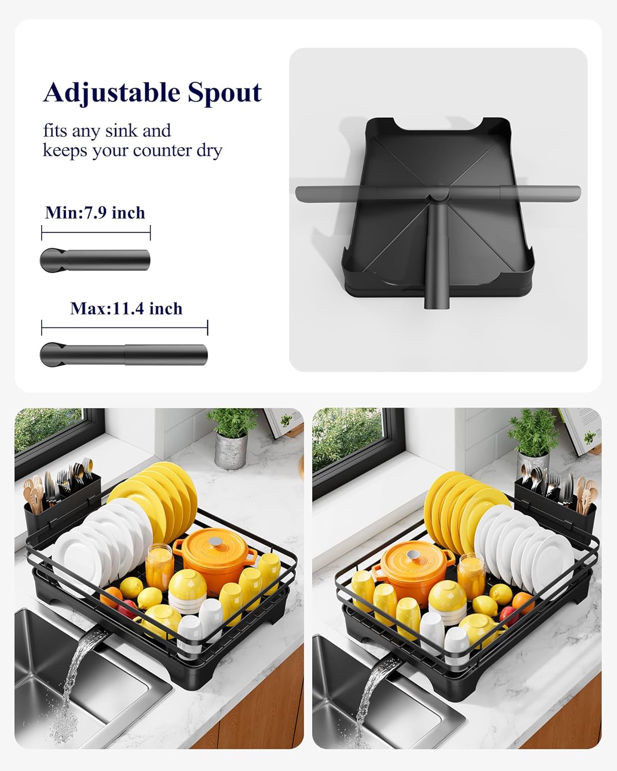 Dish Drying Rack - Multi-Functional Dish Rack for Kitchen Counter with Cutlery Holder, Rust-Proof Storage Solution with Rotatable,  Black - Image 4