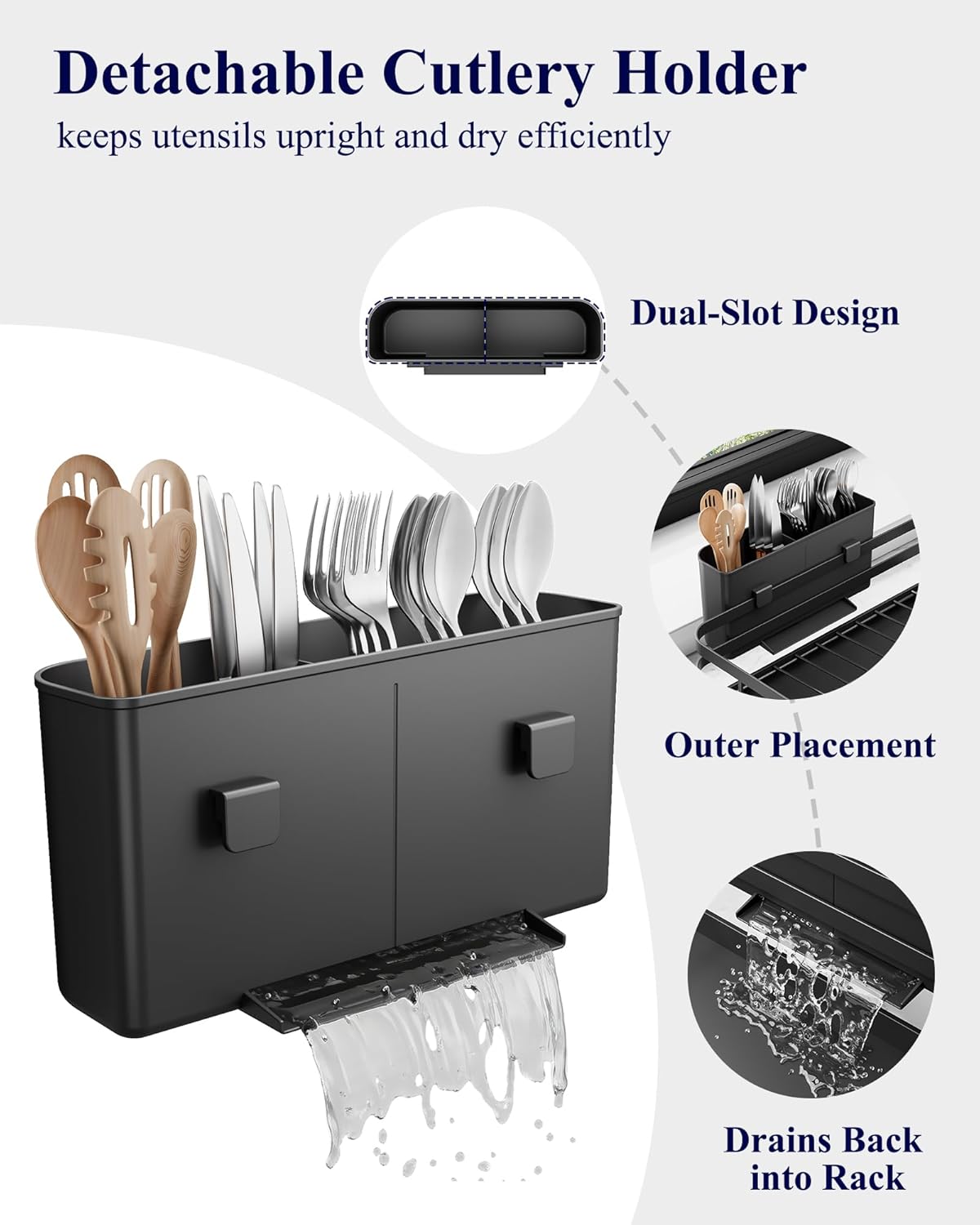 Dish Drying Rack - Multi-Functional Dish Rack for Kitchen Counter with Cutlery Holder, Rust-Proof Storage Solution with Rotatable,  Black - Image 6