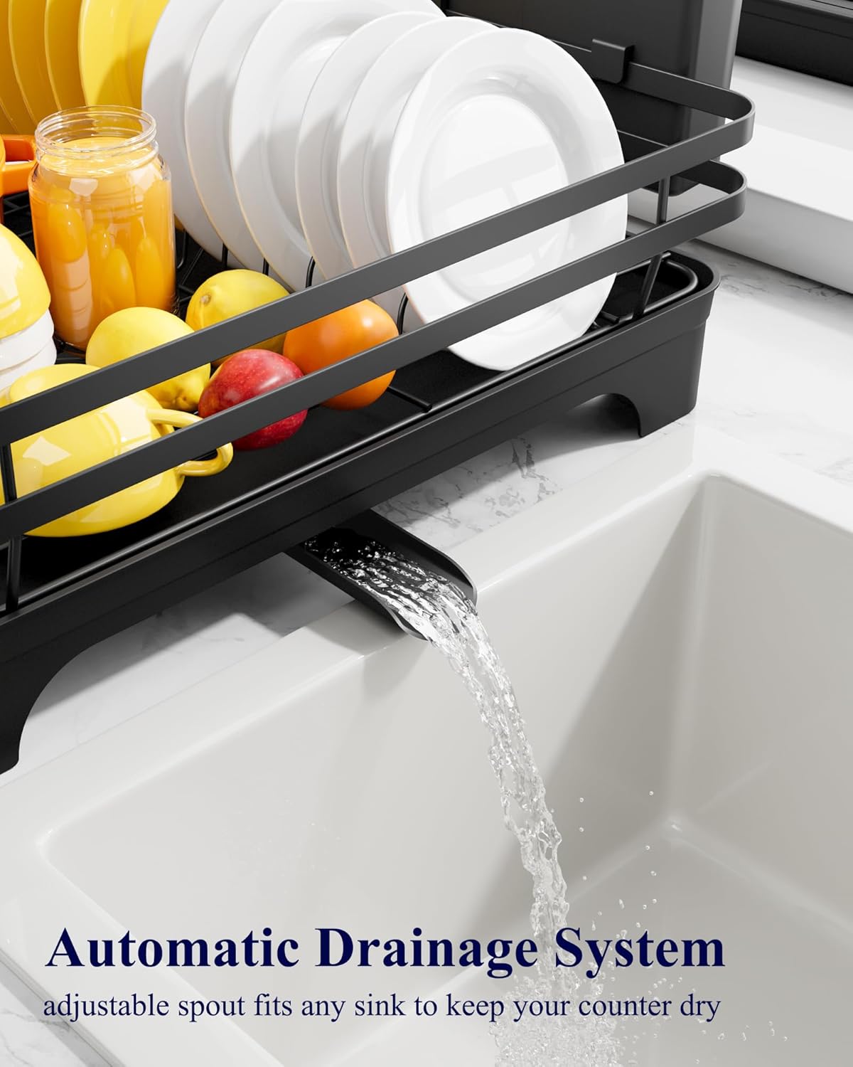 Dish Drying Rack - Multi-Functional Dish Rack for Kitchen Counter with Cutlery Holder, Rust-Proof Storage Solution with Rotatable,  Black - Image 7