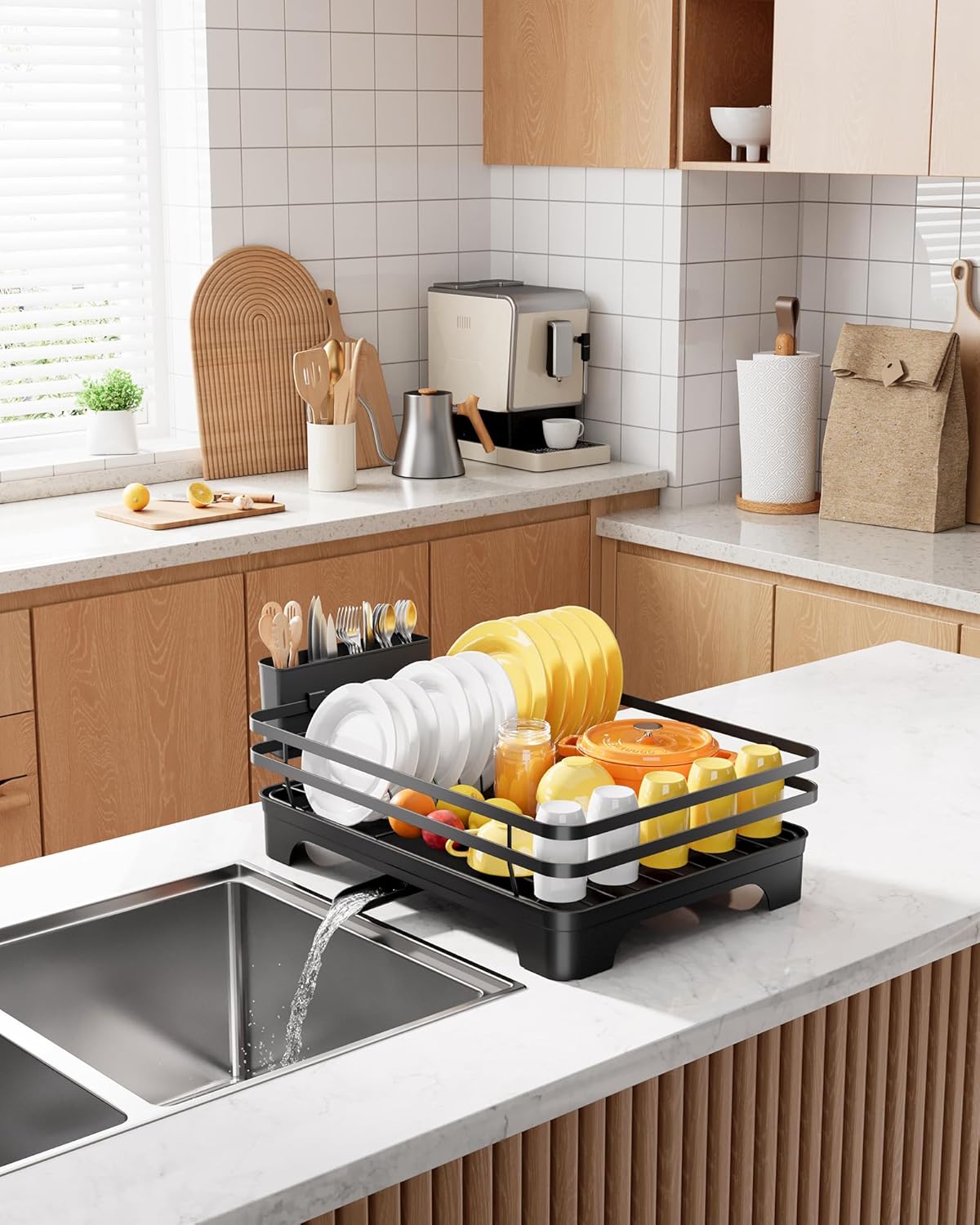 Dish Drying Rack - Multi-Functional Dish Rack for Kitchen Counter with Cutlery Holder, Rust-Proof Storage Solution with Rotatable,  Black - Image 8