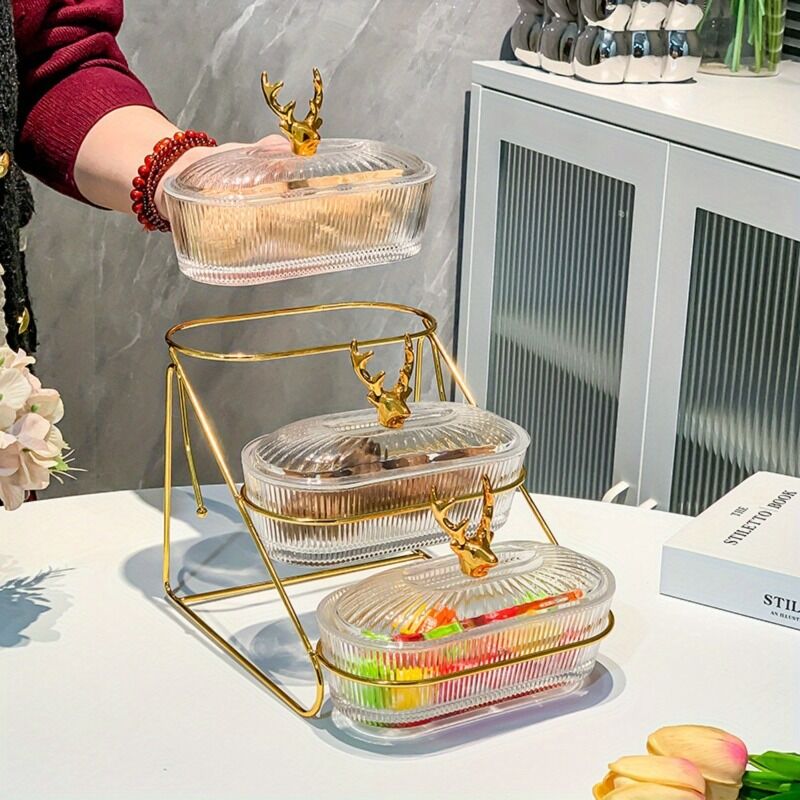 Fashion Three-Tier Covered Snack and Fruit Tray - Sturdy Metal Frame, Nordic Design, Suitable for Kitchen, Living Room, and Parties | Perfect for Holding Dried Fruits, Candies, Nuts | Easy to Clean, Versatile Appetizer Plate, Ideal for Serving and Hosting - Image 4