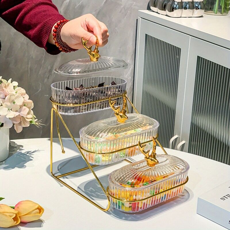 Fashion Three-Tier Covered Snack and Fruit Tray - Sturdy Metal Frame, Nordic Design, Suitable for Kitchen, Living Room, and Parties | Perfect for Holding Dried Fruits, Candies, Nuts | Easy to Clean, Versatile Appetizer Plate, Ideal for Serving and Hosting - Image 5