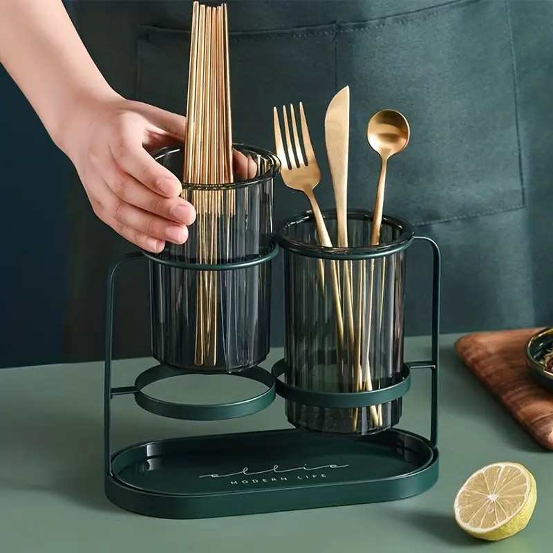 Dark green Luxury Wall-Mounted Cutlery Holder, Household Knife Fork Spoon Organizer, New Kitchen Utensil Drainer and Chopstick Container, Tableware Storage Rack - Image 1