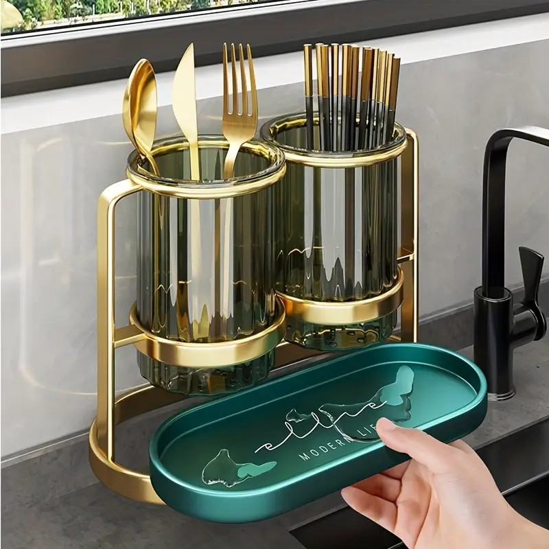 Luxury gold  Luxury Wall-Mounted Cutlery Holder, Household Knife Fork Spoon Organizer, New Kitchen Utensil Drainer and Chopstick Container, Tableware Storage Rack - Image 7