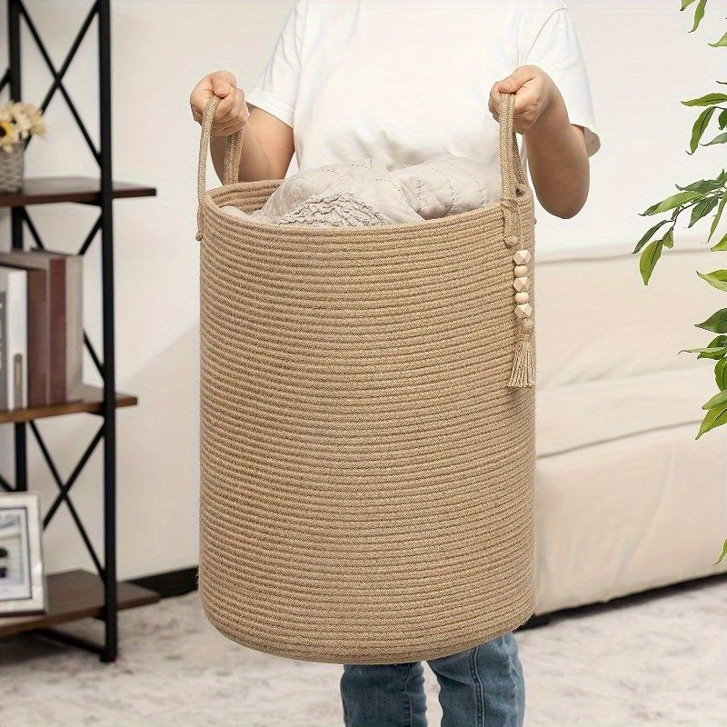 Brown Gray round rope laundry basket, tassel laundry basket, high quality laundry basket, bohemian laundry basket, stylish laundry basket, boho rope basket, large laundry hamper, Australian home decor - Image 4