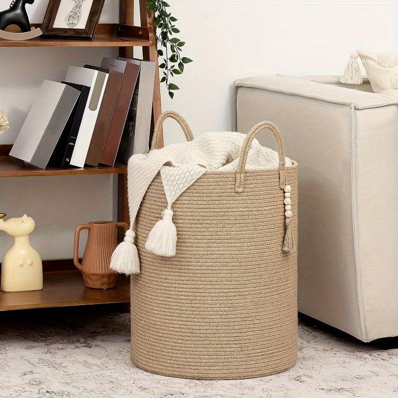 Brown Gray round rope laundry basket, tassel laundry basket, high quality laundry basket, bohemian laundry basket, stylish laundry basket, boho rope basket, large laundry hamper, Australian home decor - Image 6