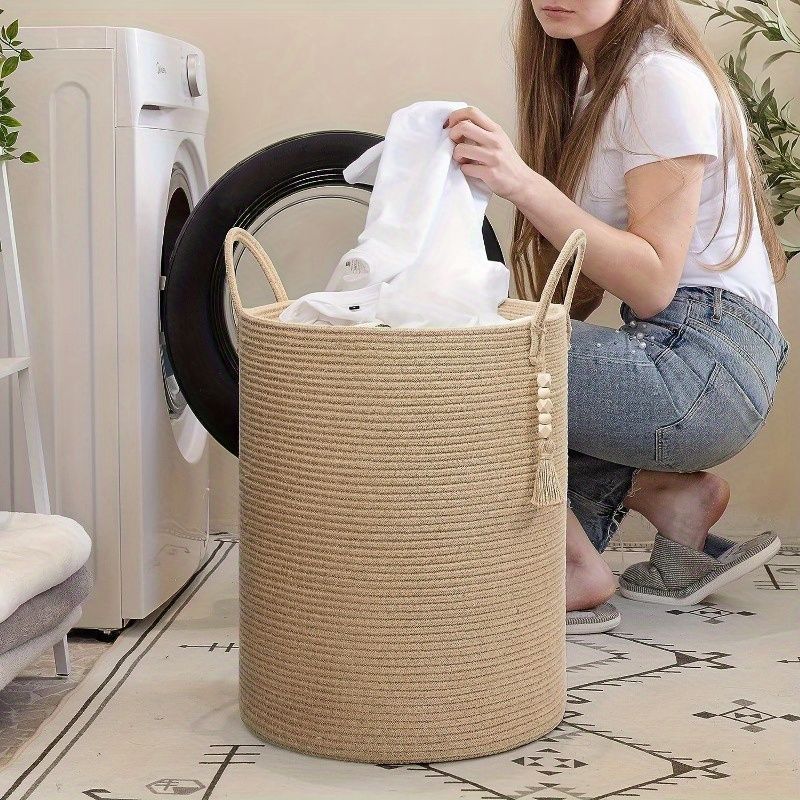 Brown Gray round rope laundry basket, tassel laundry basket, high quality laundry basket, bohemian laundry basket, stylish laundry basket, boho rope basket, large laundry hamper, Australian home decor - Image 7