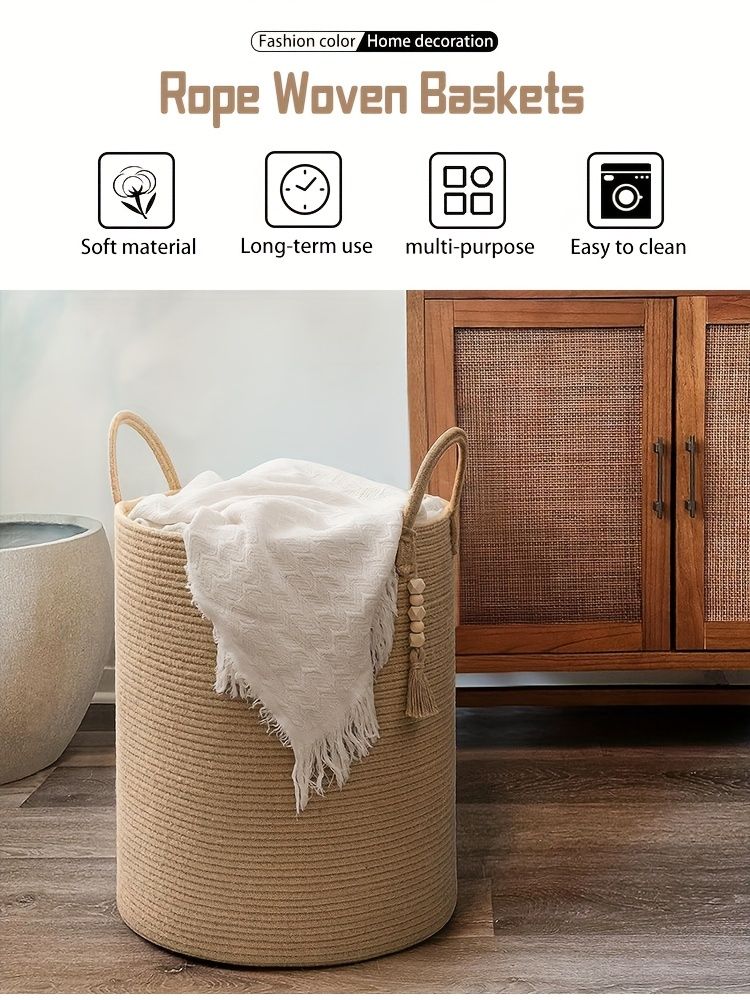 Brown Gray round rope laundry basket, tassel laundry basket, high quality laundry basket, bohemian laundry basket, stylish laundry basket, boho rope basket, large laundry hamper, Australian home decor - Image 8