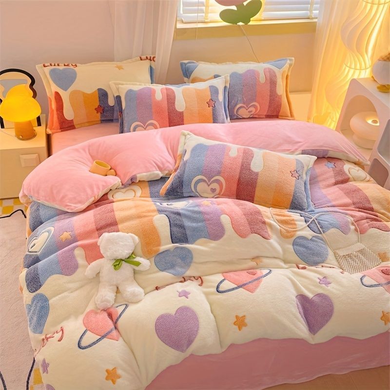 Lucky Heart-Shaped Bedding Set 3-Piece Bedding Heart Pattern Bedding Soft - Love - themed powder - Size 150*200cm - Image 1