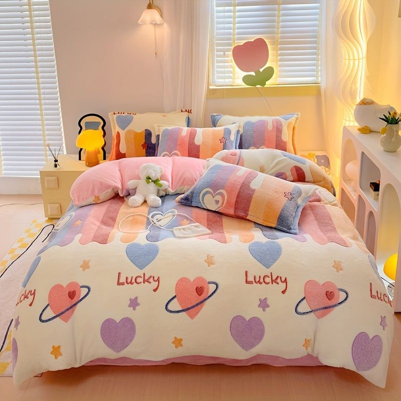 Lucky Heart-Shaped Bedding Set 3-Piece Bedding Heart Pattern Bedding Soft - Love - themed powder - Size 150*200cm - Image 2