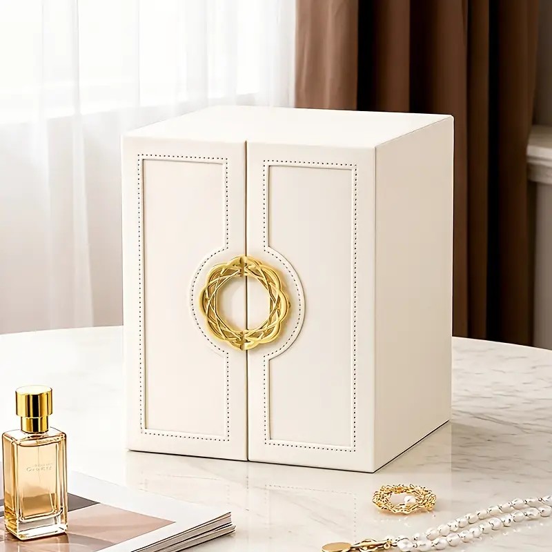White   1 Large Faux Leather Jewelry Storage Box with 5 Drawers and Gold Handles - An elegant rectangular storage space for rings, necklaces, bracelets, earrings, and watches - Features soft fabric lining, side door design, textured surface finish - Luxur - Image 1