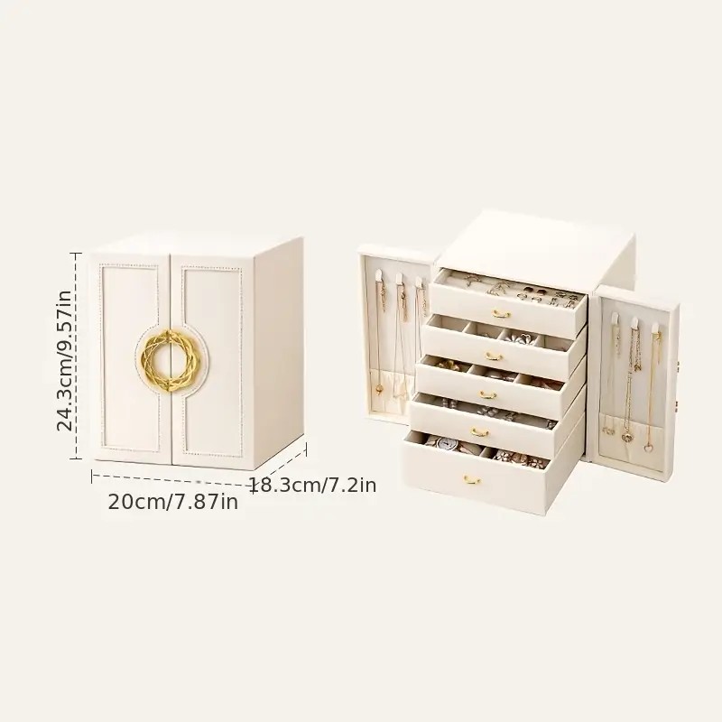 White   1 Large Faux Leather Jewelry Storage Box with 5 Drawers and Gold Handles - An elegant rectangular storage space for rings, necklaces, bracelets, earrings, and watches - Features soft fabric lining, side door design, textured surface finish - Luxur - Image 4