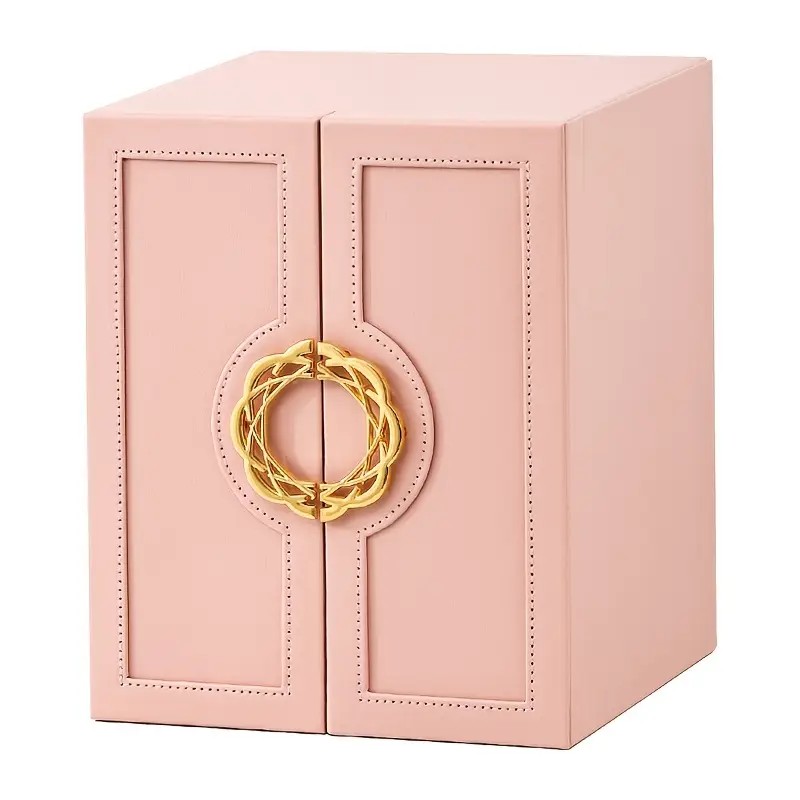 White   1 Large Faux Leather Jewelry Storage Box with 5 Drawers and Gold Handles - An elegant rectangular storage space for rings, necklaces, bracelets, earrings, and watches - Features soft fabric lining, side door design, textured surface finish - Luxur - Image 7