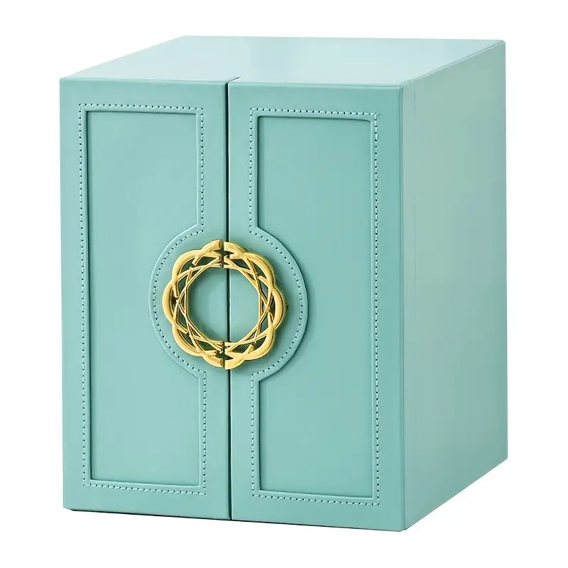 Blue  1 Large Faux Leather Jewelry Storage Box with 5 Drawers and Gold Handles - An elegant rectangular storage space for rings, necklaces, bracelets, earrings, and watches - Features soft fabric lining, side door design, textured surface finish - Luxury - Image 1