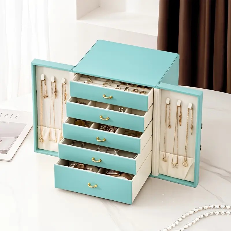 Blue  1 Large Faux Leather Jewelry Storage Box with 5 Drawers and Gold Handles - An elegant rectangular storage space for rings, necklaces, bracelets, earrings, and watches - Features soft fabric lining, side door design, textured surface finish - Luxury - Image 2
