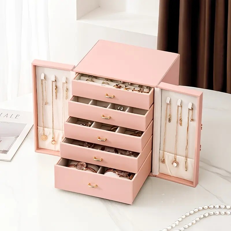 Blue  1 Large Faux Leather Jewelry Storage Box with 5 Drawers and Gold Handles - An elegant rectangular storage space for rings, necklaces, bracelets, earrings, and watches - Features soft fabric lining, side door design, textured surface finish - Luxury - Image 6