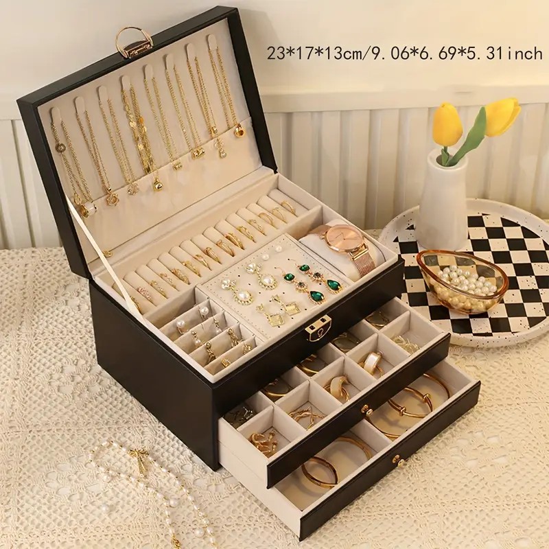 Black  High-end Jewelry Storage Box for Necklaces, Earrings, Ear Studs, Bracelets, Rings, Exquisite Accessories, Gold, and Jewelry – Large Capacity, Ideal as a Gift for Mother’s Day, Father’s Day, Teacher’s Day, Halloween, Thanksgiving, and Christmas. - Image 1