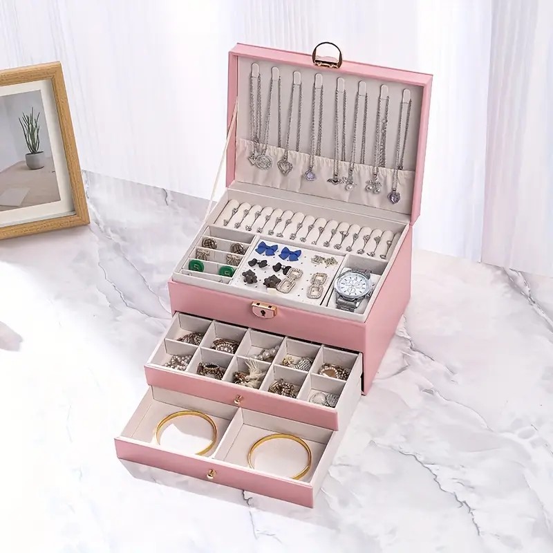 Pink High-end Jewelry Storage Box for Necklaces, Earrings, Ear Studs, Bracelets, Rings, Exquisite Accessories, Gold, and Jewelry – Large Capacity, Ideal as a Gift for Mother’s Day, Father’s Day, Teacher’s Day, Halloween, Thanksgiving, and Christmas. - Image 1